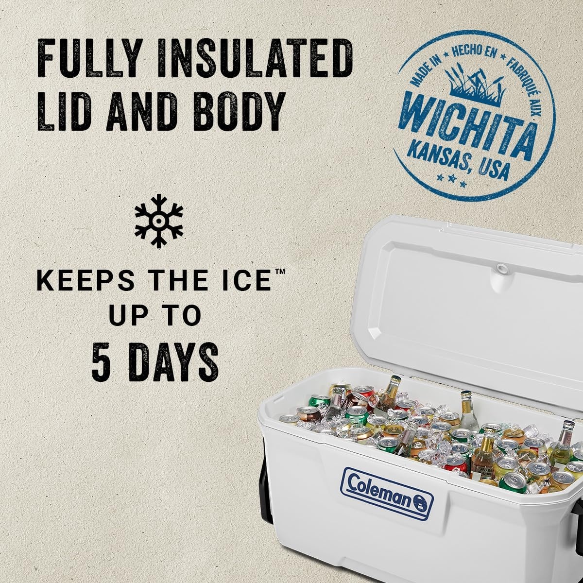image:imageColeman Marine Cooler with Fully Insulated UV Guard Lid ampamp Body Keeps Ice for 3 Days Great for Boating ampamp Fishing 52qt100qt Wheeled120qt Options100qt Wheeled